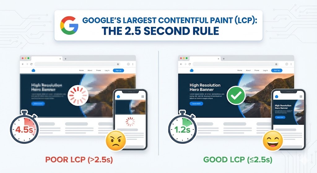 A stopwatch displaying 2.5 seconds on a green background, symbolizing the "Good" threshold for Google's LCP metric.