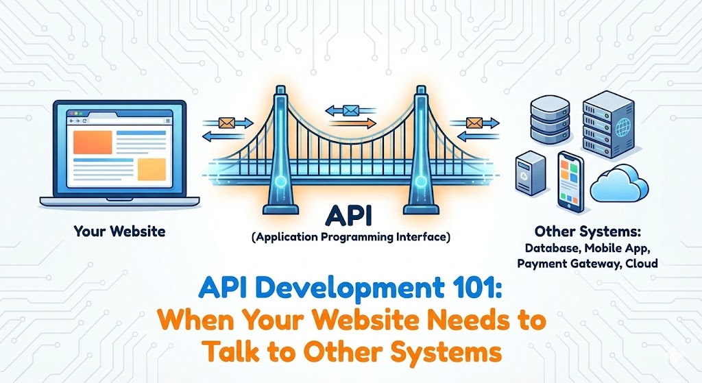 Two puzzle pieces representing different software systems being connected by a glowing digital link representing an API.