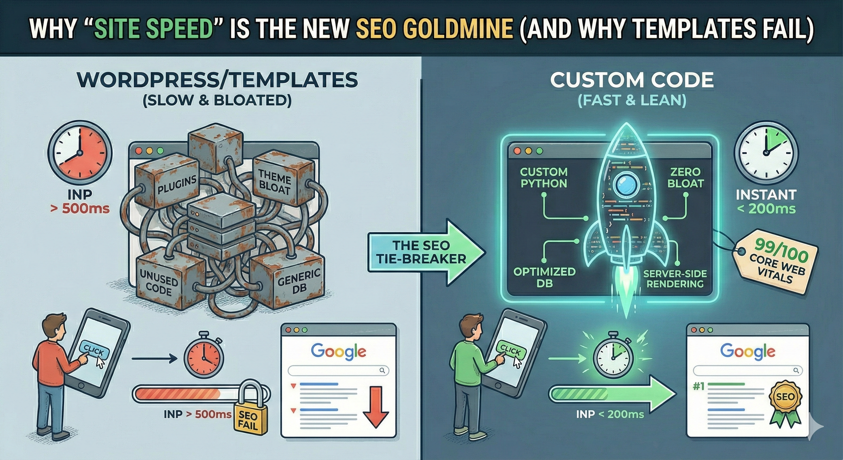 Infographic illustrating the difference between a slow, cluttered WordPress site with red Core Web Vitals scores and a fast, streamlined custom-coded website achieving a perfect green 100/100 on Googl
