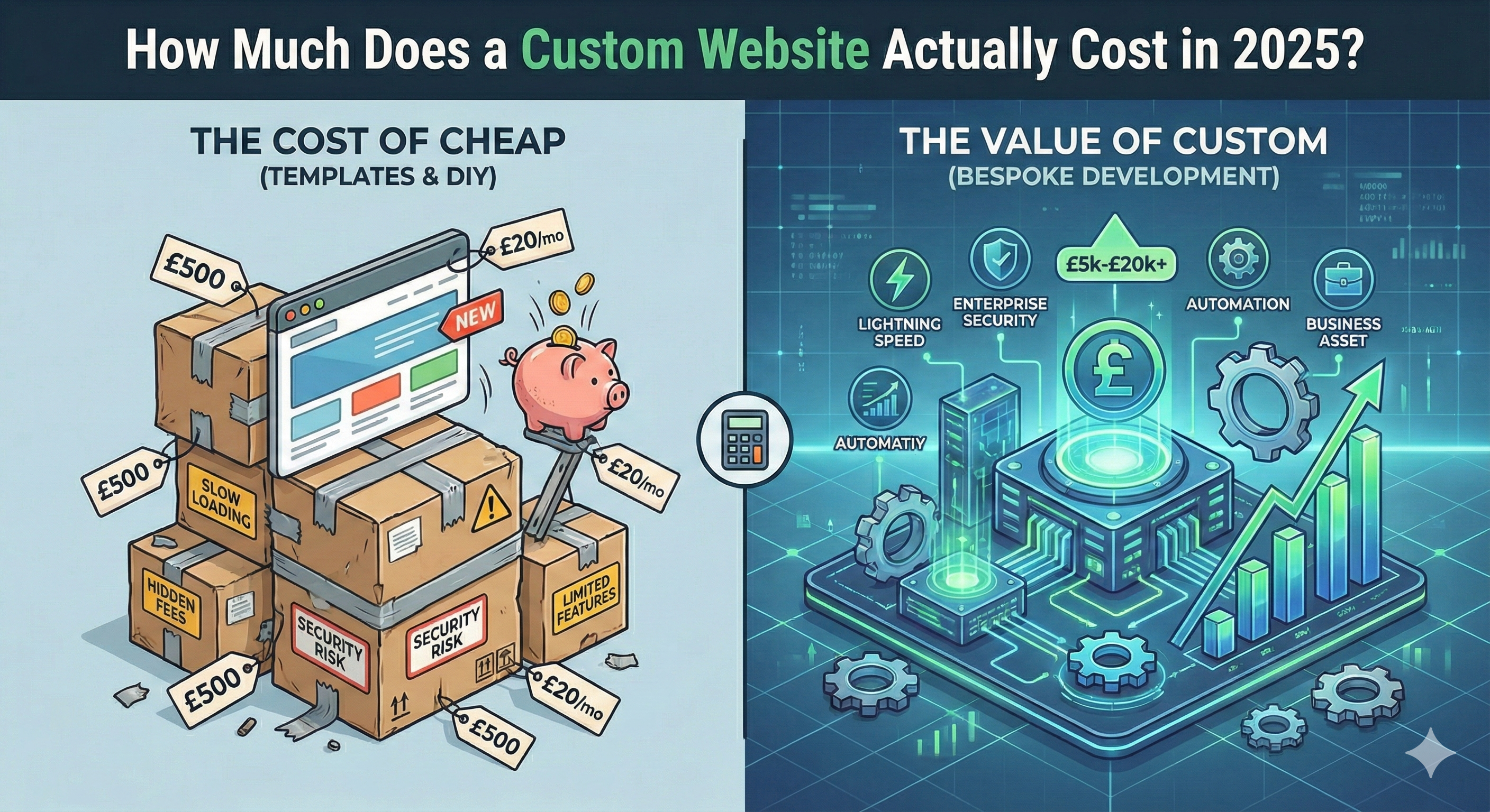 Infographic comparing three price tiers of website building: cheap DIY platforms like Wix, mid-range agency WordPress installations, and premium bespoke custom development with a higher investment val