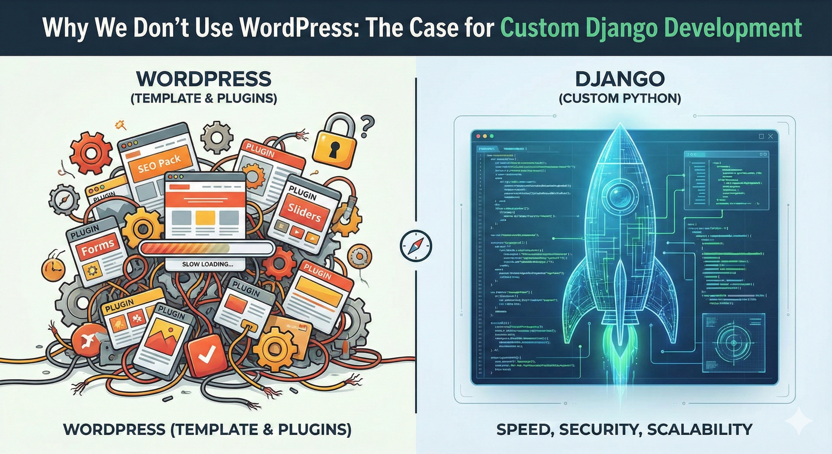 A split-screen illustration showing a cluttered, slow WordPress logo entangled with plugins on one side, versus a clean, fast, streamlined Django Python logo on the other, representing speed and secur