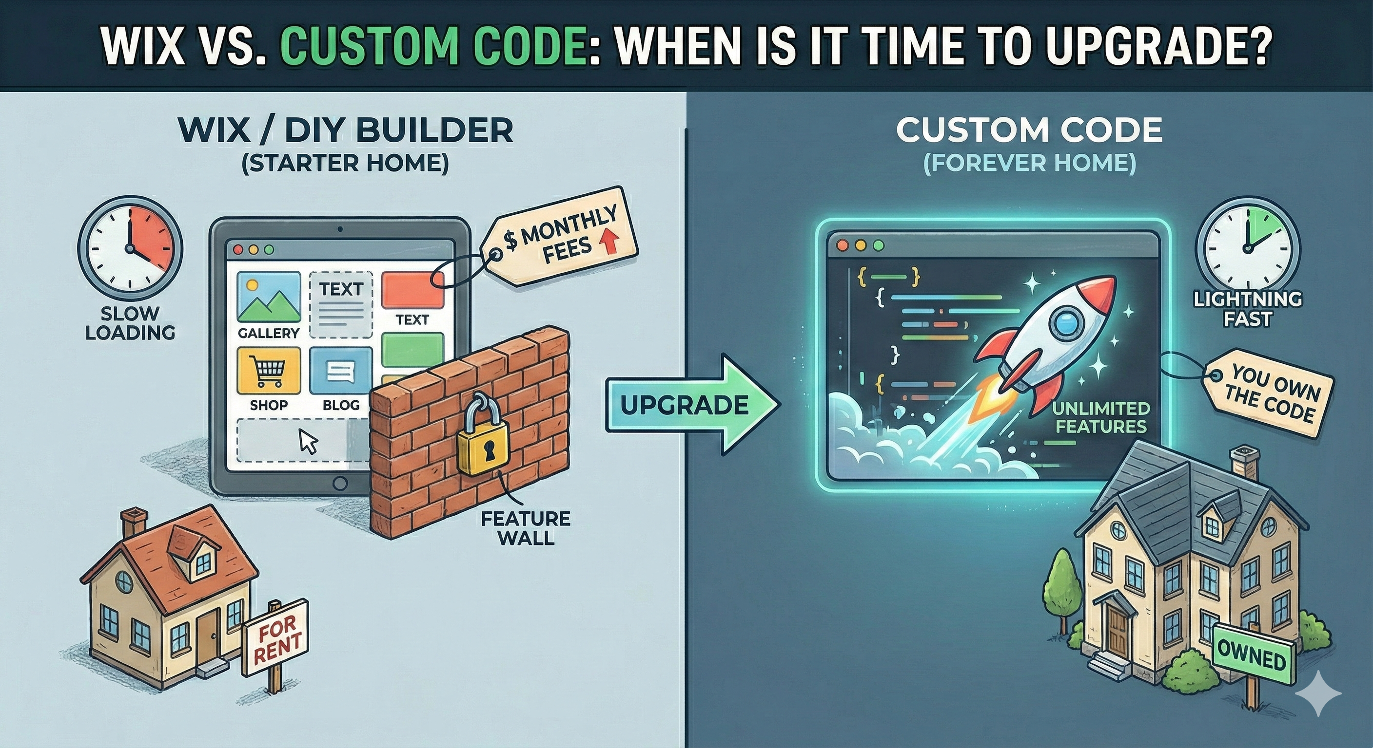 A split-screen illustration showing a cluttered, slow, template-based Wix website on a tablet on the left, contrasted with a fast, clean, custom-coded website on a laptop on the right, with an arrow i