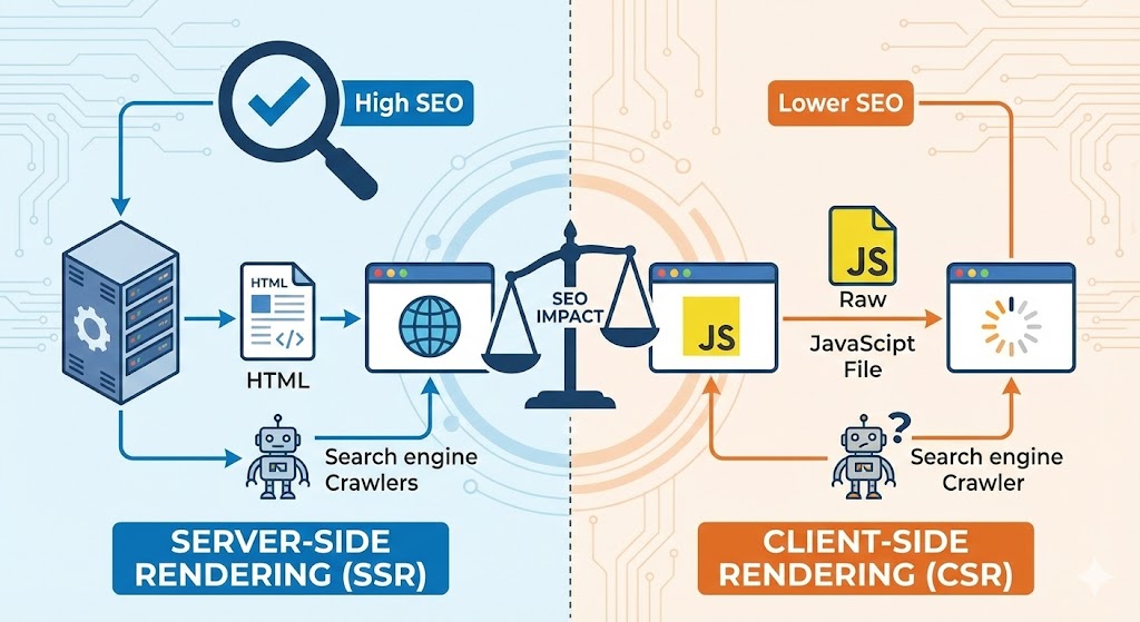 Visual comparison between a loading screen typical of client-side rendering and an instantly loaded page typical of server-side rendering.