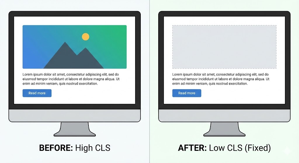 A conceptual illustration of a construction level being held against a computer screen, symbolizing the stability and structure of a low-CLS website.