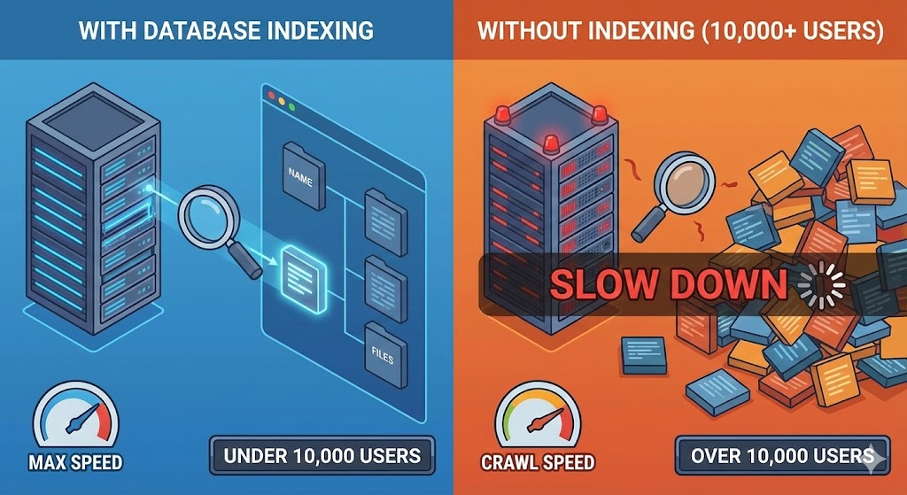 A visual comparison between a disorganized pile of books and an organized card catalog, illustrating the concept of database indexing.