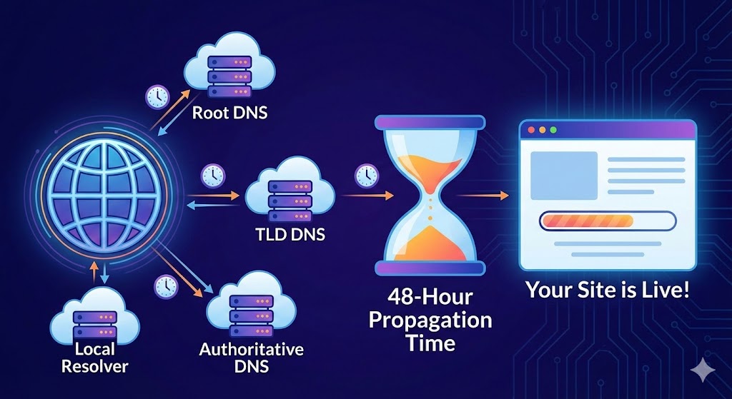 An hourglass visualising the time it takes for digital binary data to process, representing DNS propagation delay.