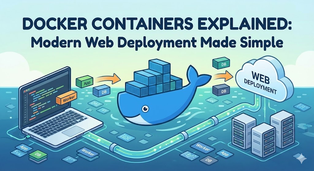 A stylized illustration of the Docker mascot (a blue whale) carrying standard shipping containers, representing portable software deployment.