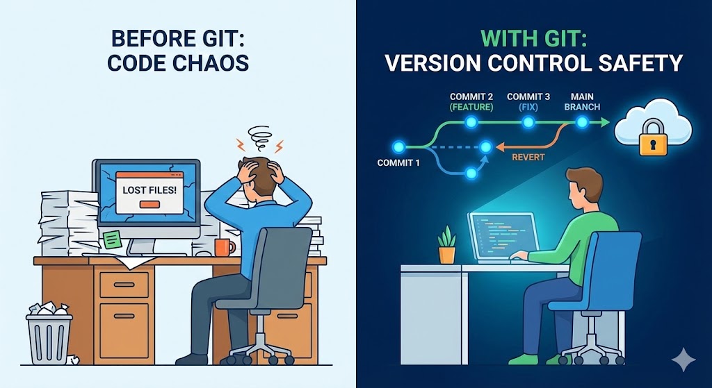 A visualization of a Git commit history, showing a main timeline with branches diverting and merging back, representing safe software development.