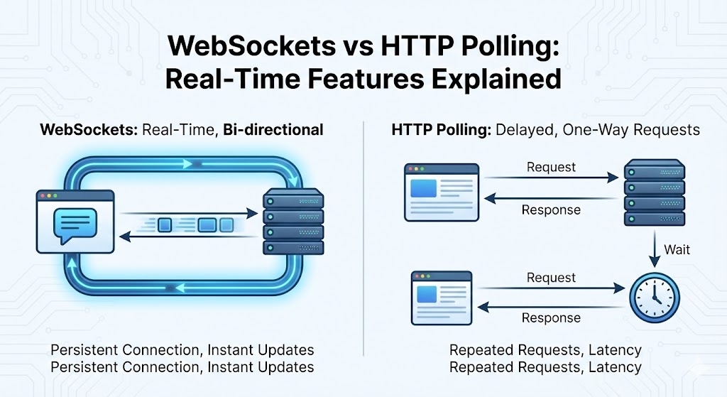 A visual comparison showing tin cans (representing manual polling) versus a glowing fiber optic cable (representing the continuous connection of WebSockets).