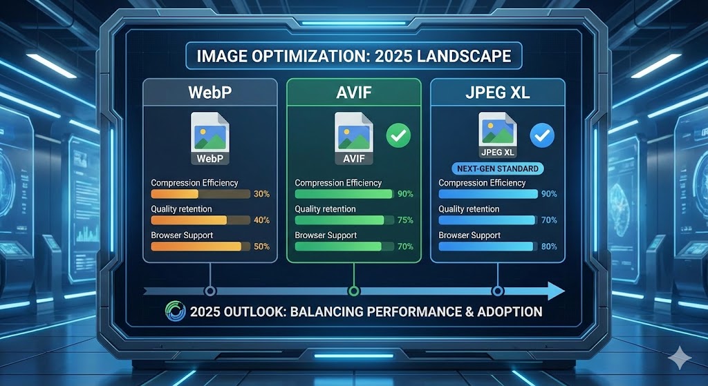 A visual transition from a pixelated, heavy JPEG image to a crisp, lightweight AVIF image, symbolizing optimization