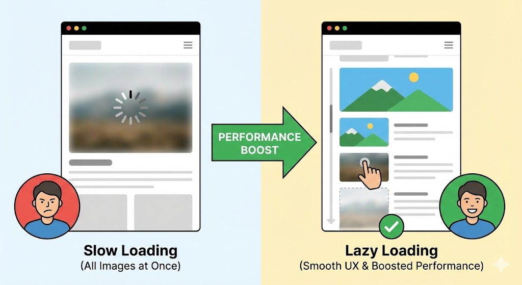 A visualization of a webpage scrolling down, with images illuminating/loading only as they enter the viewport.