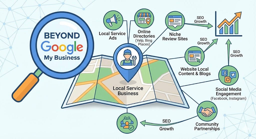 A 3D illustration of a map pin dropping onto a city built from HTML code blocks, representing the intersection of Local SEO and web development.