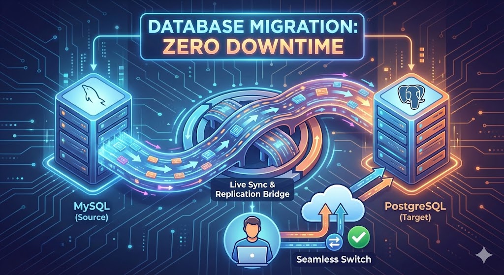 A conceptual illustration of a new bridge being constructed alongside an active one, representing a seamless database migration