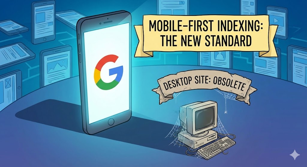 A smartphone screen displaying a website in sharp focus while a laptop monitor in the background is blurred, symbolizing the priority of mobile indexing.