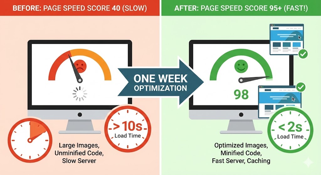 A digital speedometer dashboard illustrating the transition from a slow "red" score to a fast "green" score of 95+.