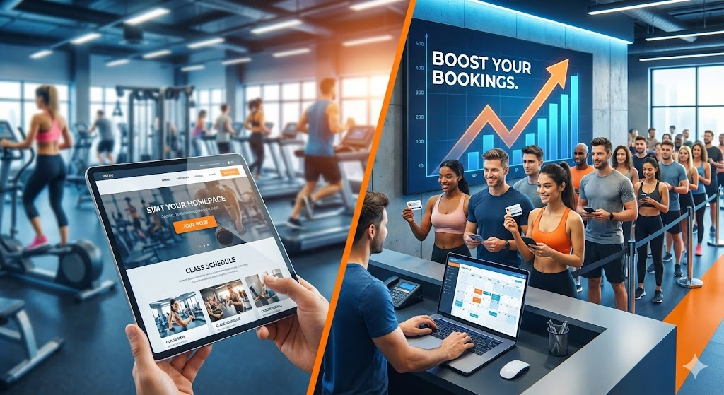 Modern gym interior with digital booking system