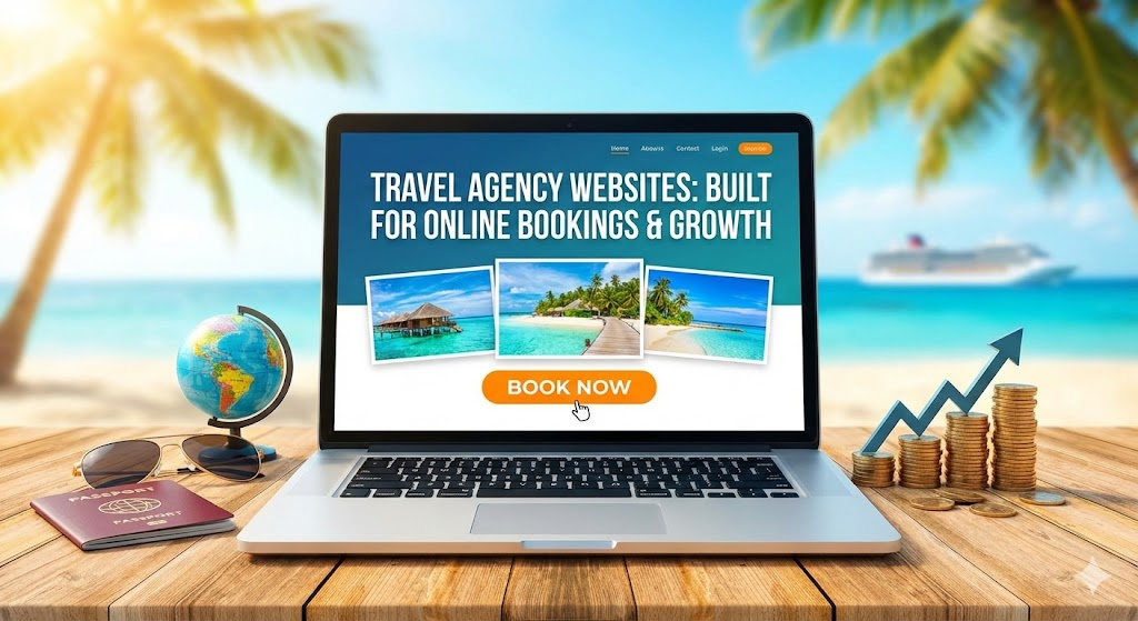 Travel agency website on laptop with passport