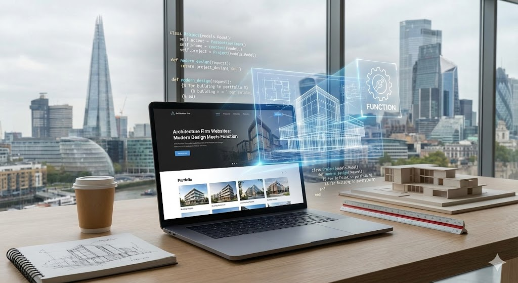 Modern architecture firm studio with blueprints and models