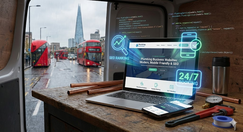 Professional plumber in London using mobile technology for business