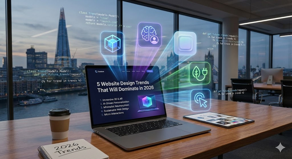 Web design trends 2026 futuristic interface.