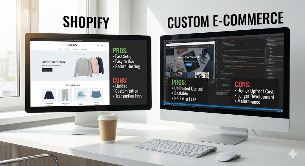 Shopify vs Custom Website comparison architecture concept.
