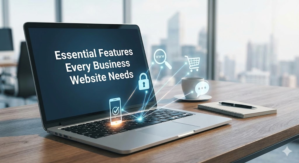 Checklist of essential website features on a laptop screen.