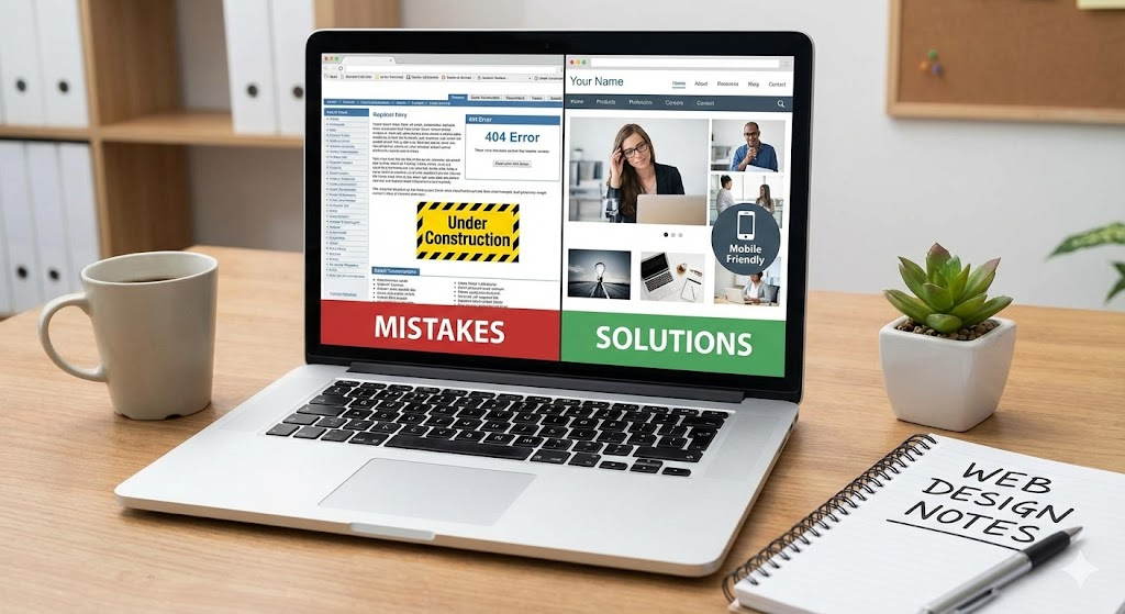 Frustrated business owner looking at website design mistakes on laptop.