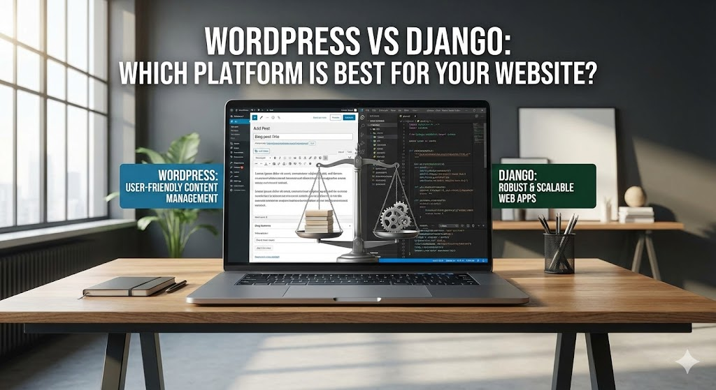 WordPress plugins vs Django architecture comparison illustration.