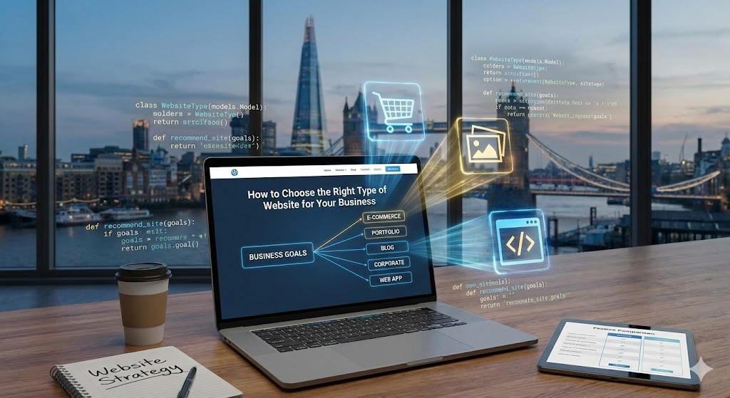 Website planning wireframe and laptop with code for business strategy.