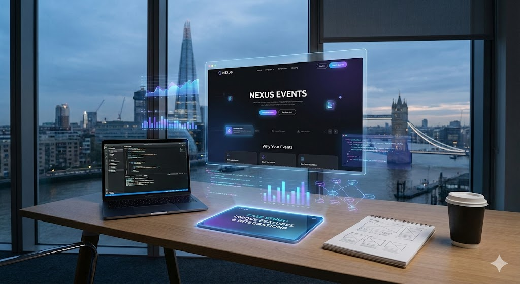 Innovative web design case study for Nexus Events showing custom Django integrations and scrollytelling.
