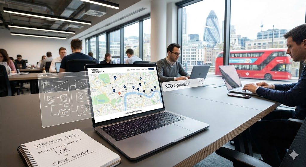 Multi-location business website case study for Urban Workspace showing localized SEO and Django architecture.