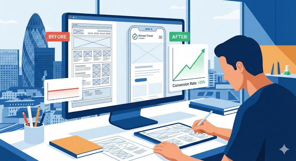 UX improvement and conversion rate boost case study for Horizon Travel London showing custom Django design.