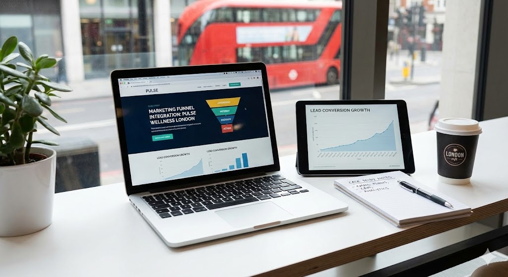 Marketing funnel integration case study for Pulse Wellness London showing Django automation and CRM syncing.