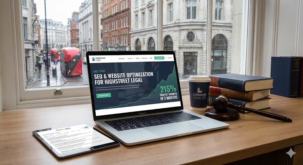 SEO and website optimization case study for HighStreet Legal showing 215 percent organic traffic growth.