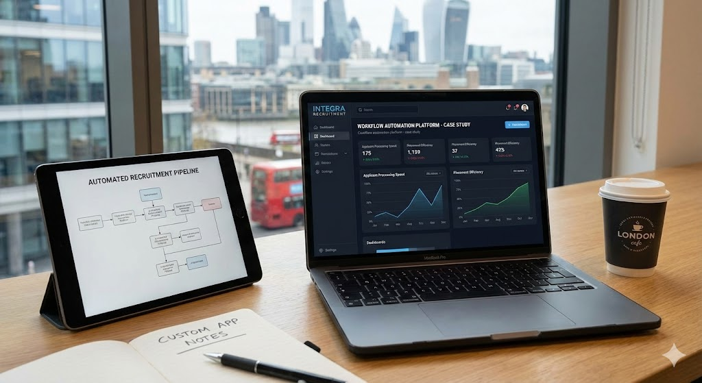 Custom Django workflow automation web app case study for Integra Recruitment London.