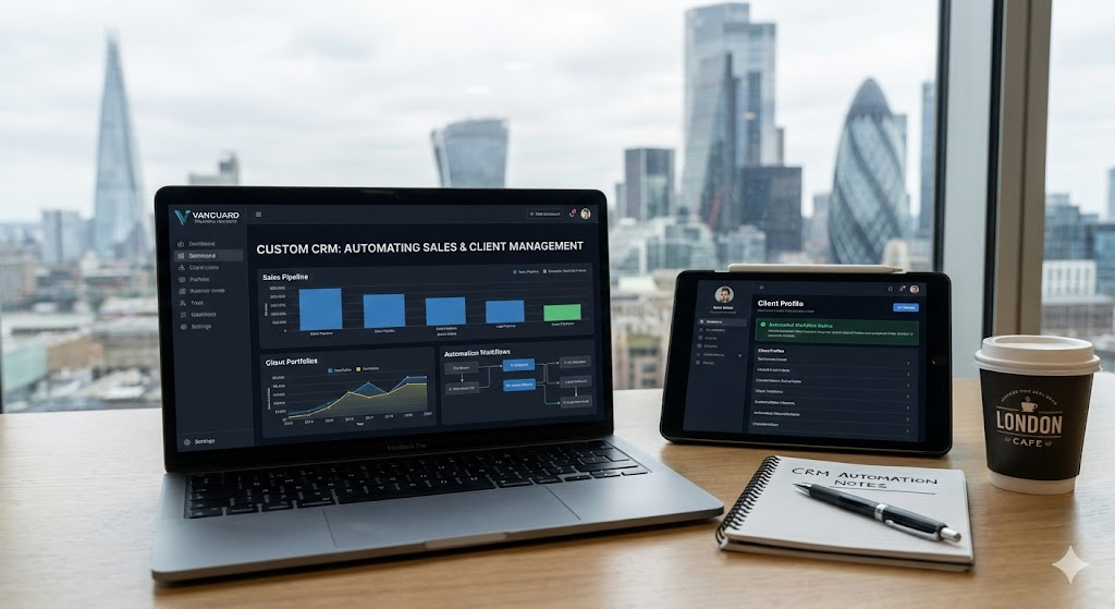 Custom Django CRM case study for Vanguard Financial showing sales automation and client management dashboard.
