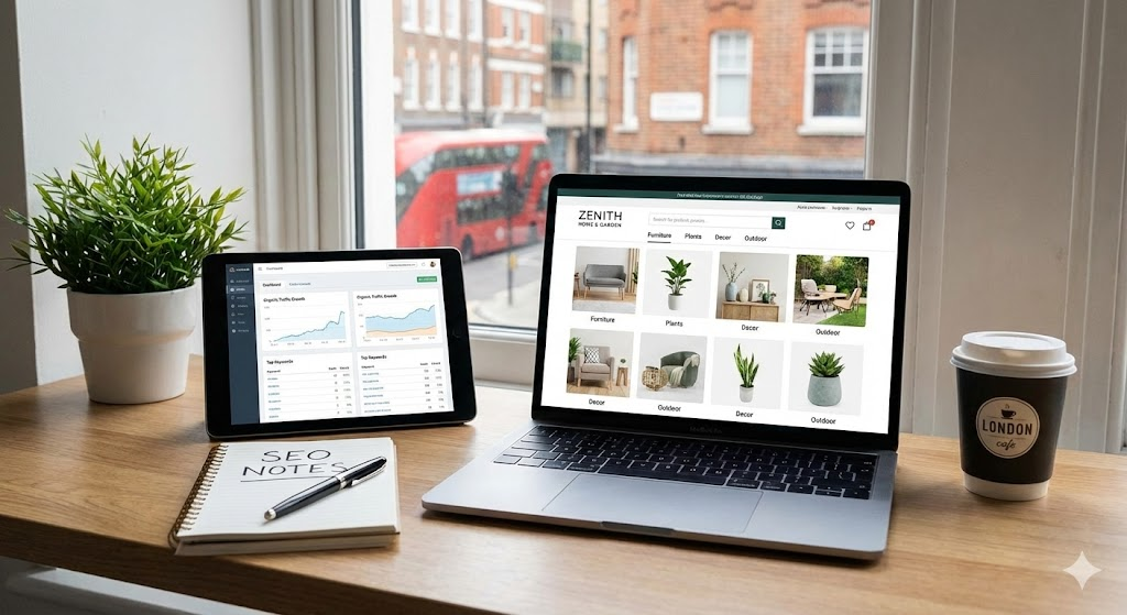 Multi-product Django e-commerce website for Zenith Home and Garden showing advanced SEO optimization.