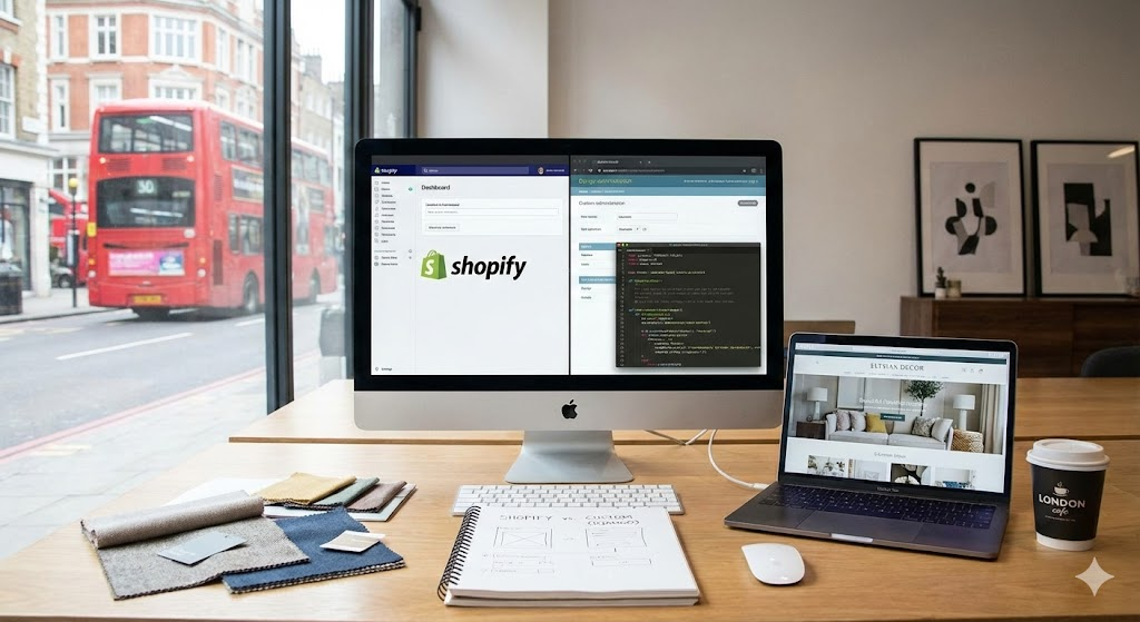 Shopify vs Custom E-commerce case study for Elysian Decor showing migration to Django for better SEO and zero fees.