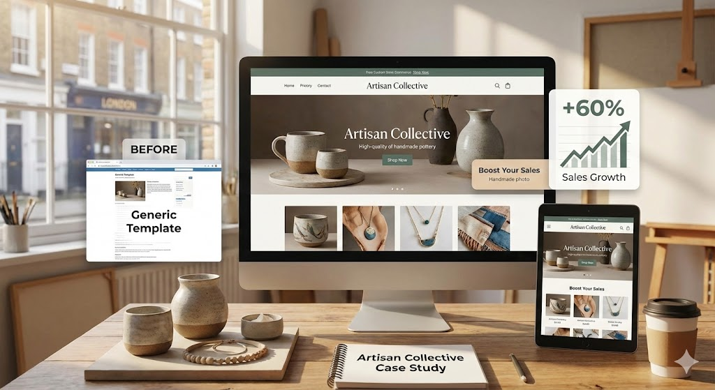 Custom Django e-commerce store case study for Artisan Collective showing a 35 percent conversion increase.