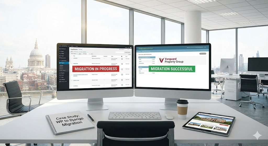 WordPress to Django migration case study for Vanguard Property Group showing improved speed and security.