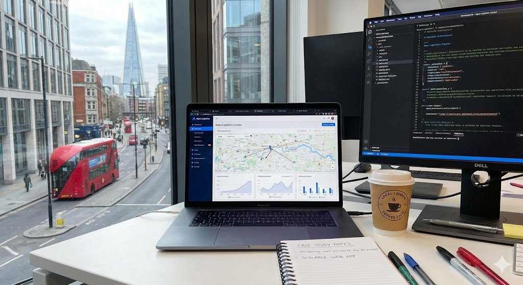 Custom Django web application for a London logistics company showing real-time fleet tracking and data analytics.