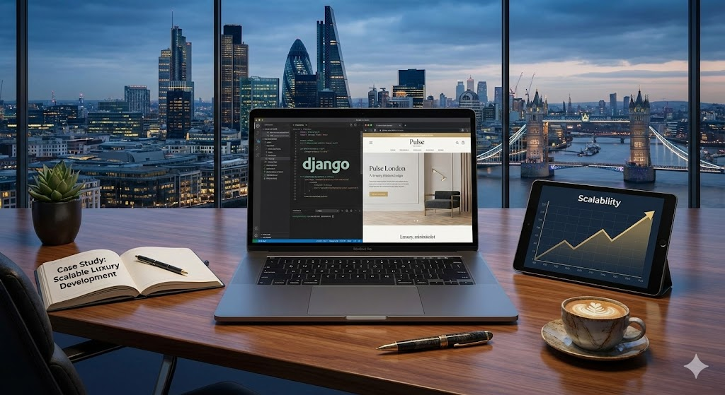 Custom Django website case study for Pulse London luxury fitness studio showing responsive mobile and desktop design.