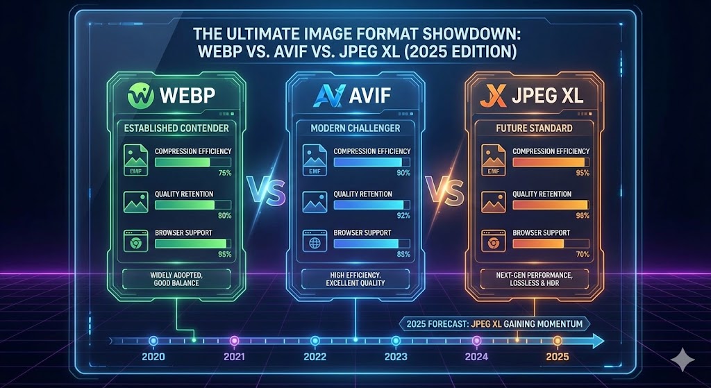 A bar chart comparing file sizes of JPEG, WebP, and AVIF, showing AVIF as the smallest file size with equal quality.