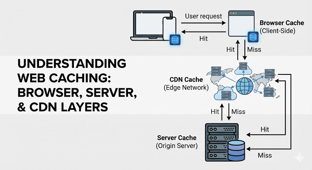 A layered diagram illustrating the flow of data from the Origin Database (Server Cache) to the Edge Server (CDN Cache) and finally to the User's Laptop (Browser Cache).