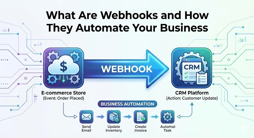 A digital illustration of a Rube Goldberg machine, showing how one trigger (a ball dropping) sets off a chain reaction of automated events.