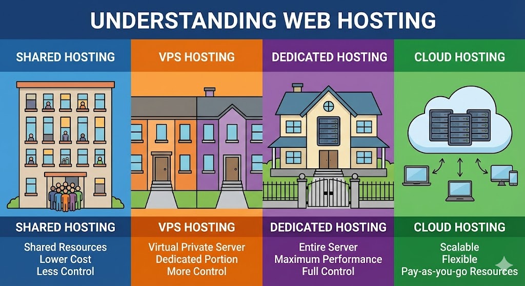 Infographic comparing web hosting types to housing options: Shared as apartments, VPS as condos, and Dedicated as mansions.