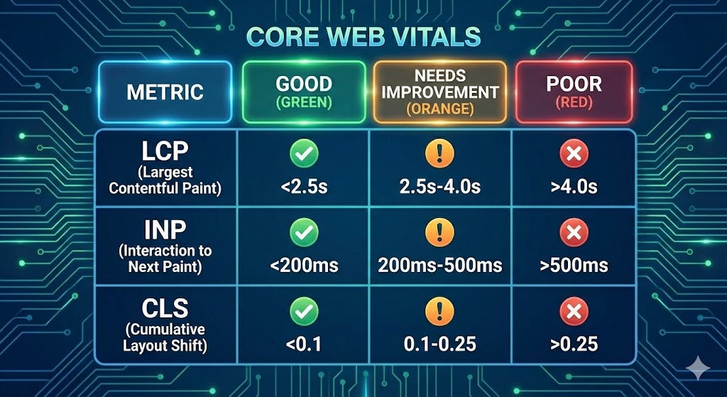 A dashboard showing LCP, INP, and CLS metrics all in the "Good" green zone, representing a perfectly optimised website.